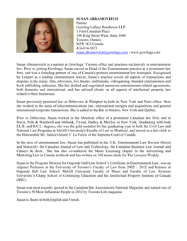 SUSAN ABRAMOVITCH Partner Gowling Lafleur Henderson LLP 1