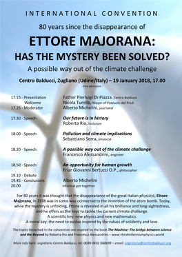 ETTORE MAJORANA: HAS the MYSTERY BEEN SOLVED? a Possible Way out of the Climate Challenge