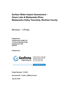 Surface Water Impact Assessment – Green Lake & Madawaska River