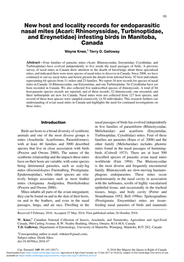 New Host and Locality Records for Endoparasitic Nasal Mites