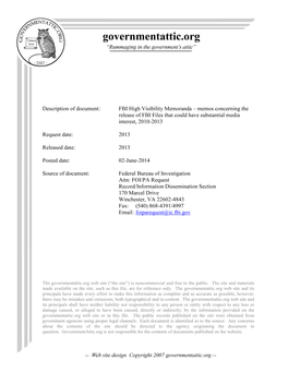 FBI High Visibility Memoranda – Memos Concerning the Release of FBI Files That Could Have Substantial Media Interest, 2010-2013