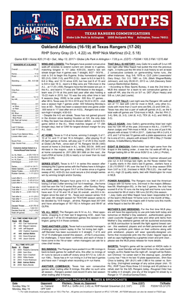 Oakland Athletics (16-19) at Texas Rangers (17-20) RHP Sonny Gray (0-1, 4.22) Vs