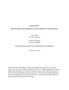 Oracles of Peace: Topic Modeling, Cultural Opportunity, and the Nobel Prize for Peace, 1902-2012