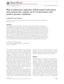 Risk of Pulmonary Aspiration with Laryngeal Mask Airway and Tracheal Tube: Analysis on 65 712 Procedures with Positive Pressure Ventilation