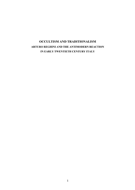 Occultism and Traditionalism Arturo Reghini and the Antimodern Reaction in Early Twentieth Century Italy