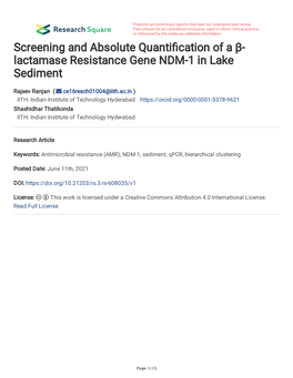 Lactamase Resistance Gene NDM-1 in Lake Sediment
