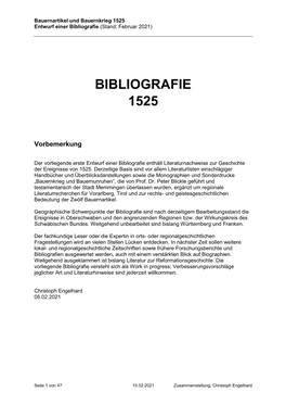 Bauernkrieg 1525 Entwurf Einer Bibliografie (Stand: Februar 2021)