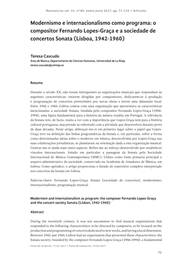 O Compositor Fernando Lopes-Graça E a Sociedade De Concertos Sonata (Lisboa, 1942-1960)