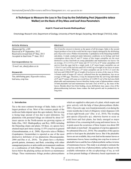 A Technique to Measure the Loss in Tea Crop by the Defoliating Pest (Hyposidra Talaca Walker) on the Basis of Dry Mass and Leaf Area Parameters