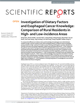 Investigation of Dietary Factors and Esophageal Cancer Knowledge: Comparison of Rural Residents in High- and Low-Incidence Areas