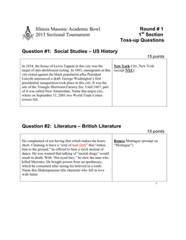 Illinois Masonic Academic Bowl Round # 1 2013 Sectional Tournament 1St Section Toss-Up Questions