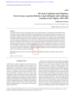 Of Land, Legislation and Litigation: Forest Leases, Agrarian Reform, Legal Ambiguity and Landscape Anomaly in the Nilgiris, 1969–2007