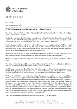 Chief Minister Attends Labour Party Conference