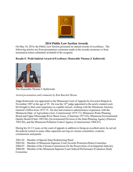 2014 Public Law Section Awards on May 16, 2014, the Public Law Section Presented Its Annual Awards of Excellence