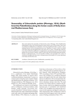 Seasonality of Edmundsella Pedata (Montagu, 1816) (Nudi- Branchia Flabellinidae) Along the Ionian Coasts of Sicily (Cen- Tral Mediterranean Sea)