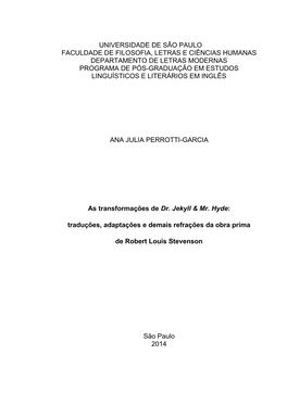 Universidade De São Paulo Faculdade De Filosofia, Letras E Ciências Humanas Departamento De Letras Modernas Programa De Pós-G