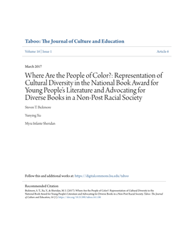 Representation of Cultural Diversity in the National Book Award for Young People’S Literature and Advocating for Diverse Books in a Non-Post Racial Society Steven T