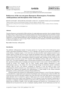 Rediscovery of the Rare Ant Genus Bannapone (Hymenoptera: Formicidae: Amblyoponinae) and Description of the Worker Caste