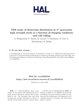 TDS Study of Deuterium Distribution in 3Rd Generation High Strength Steels As a Function of Charging Conditions and Cold Rolling A