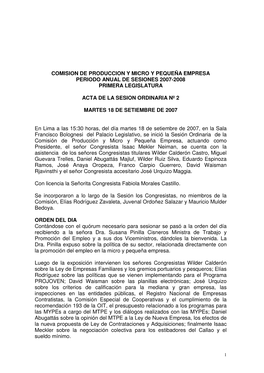 Comision De Produccion Y Micro Y Pequeña Empresa Periodo Anual De Sesiones 2007-2008 Primera Legislatura