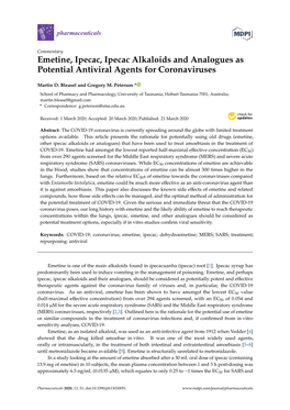 Emetine, Ipecac, Ipecac Alkaloids and Analogues As Potential Antiviral Agents for Coronaviruses