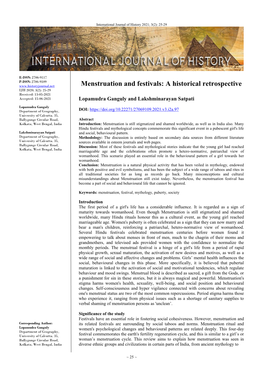 Menstruation and Festivals: a Historical Retrospective IJH 2020; 3(2): 25-29 Received: 13-05-2021 Accepted: 15-06-2021 Lopamudra Ganguly and Lakshminarayan Satpati