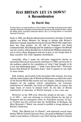 HAS BRTIAIN LET US DOWN? a Reconsideration by David Day