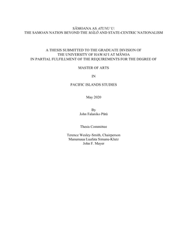 Sāmoana As Atunuʻu: the Samoan Nation Beyond the Mālō and State-Centric Nationalism a Thesis Submitted to the Graduate Divi