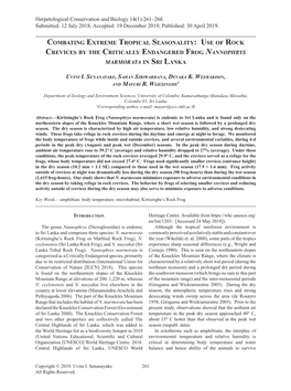 Combating Extreme Tropical Seasonality: Use of Rock Crevices by the Critically Endangered Frog Nannophrys Marmorata in Sri Lanka