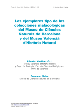 Los Ejemplares Tipo De Las Colecciones Malacológicas Del Museu De Ciències Naturals De Barcelona Y Del Museu Valencià D'història Natural