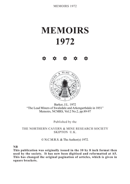 The Lead Miners of Swaledale and Arkengarthdale in 1851” Memoirs, NCMRS, Vol.2 No.2, Pp.89-97