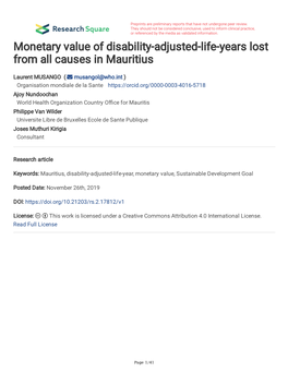 Monetary Value of Disability-Adjusted-Life-Years Lost from All Causes in Mauritius