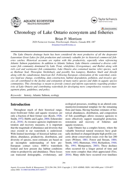 Chronology of Lake Ontario Ecosystem and Fisheries Brian P