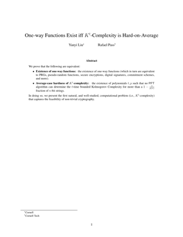 One-Way Functions Exist Iff K -Complexity Is Hard-On-Average