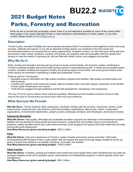 2021 Budget Notes Parks, Forestry and Recreation