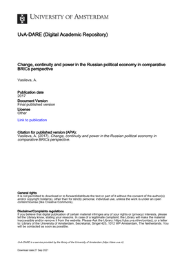 Change, Continuity and Power in the Russian Political Economy in Comparative Brics Perspective Alexandra Vasileva