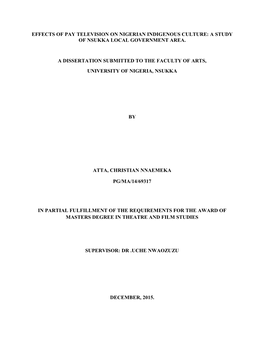 Effects of Pay Television on Nigerian Indigenous Culture: a Study of Nsukka Local Government Area