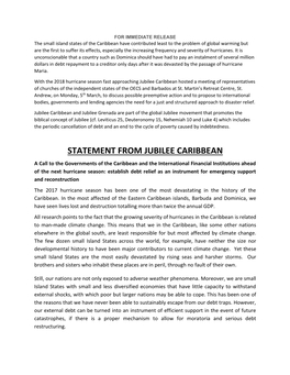 Statement from Jubilee Caribbean