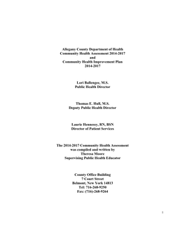 Allegany County Department of Health Community Health Assessment 2014-2017 and Community Health Improvement Plan 2014-2017