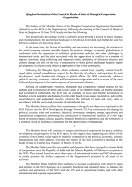 Qingdao Declaration of the Council of Heads of State of Shanghai Cooperation Organisation