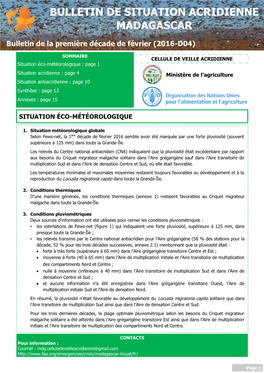 Bulletin De Situation Acridienne Madagascar. Bulletin De La Première Décade De Février (2016-D04)