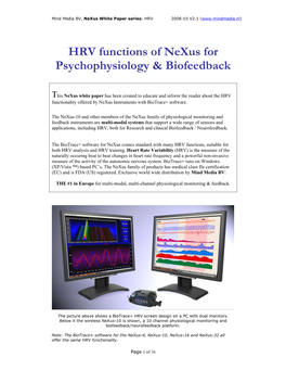 HRV Functions of Nexus for Psychophysiology & Biofeedback