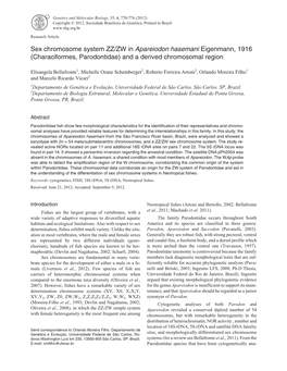 Sex Chromosome System ZZ/ZW in Apareiodon Hasemani Eigenmann, 1916 (Characiformes, Parodontidae) and a Derived Chromosomal Region