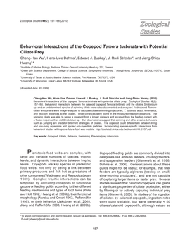 Behavioral Interactions of the Copepod Temora Turbinata with Potential Ciliate Prey Cheng-Han Wu1, Hans-Uwe Dahms2, Edward J