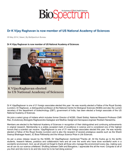 Dr K Vijay Raghavan Is Now Member of US National Academy of Sciences