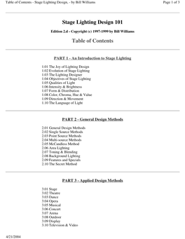 Stage Lighting Design 101 Table of Contents