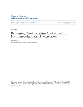 Reassessing Neo-Kantianism. Another Look at Hermann Cohen's