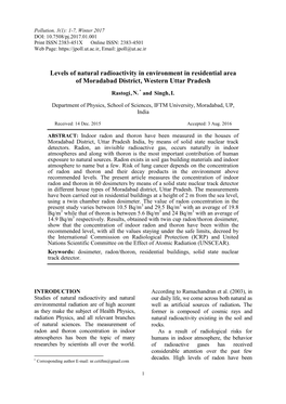 Levels of Natural Radioactivity in Environment in Residential Area of Moradabad District, Western Uttar Pradesh