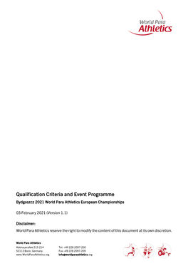 Bydgoszcz 2021 Qualification Criteria and Event Programme