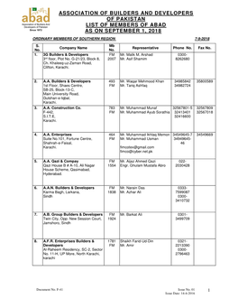 Association of Builders and Developers of Pakistan List of Members of Abad As on September 1, 2018